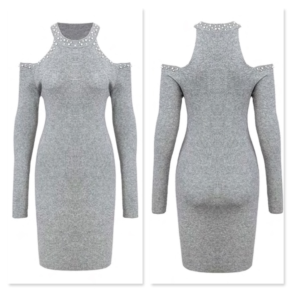 Cold Shoulder Pearl Detailed Hi Neck Bodycon Dress - Picture 4 of 6